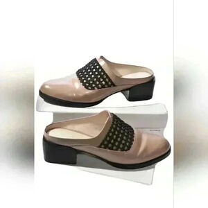 3.1 PHILIP LIM Tan Beige Black Leather Woven Chunky Heel Mule Slide Shoe 39EU 9D